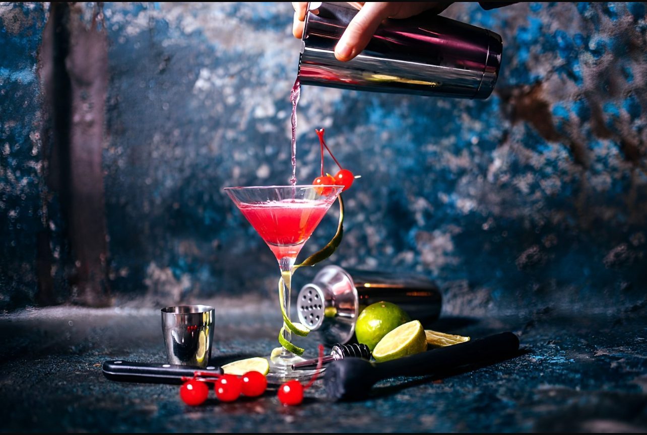 A signature cocktail being poured